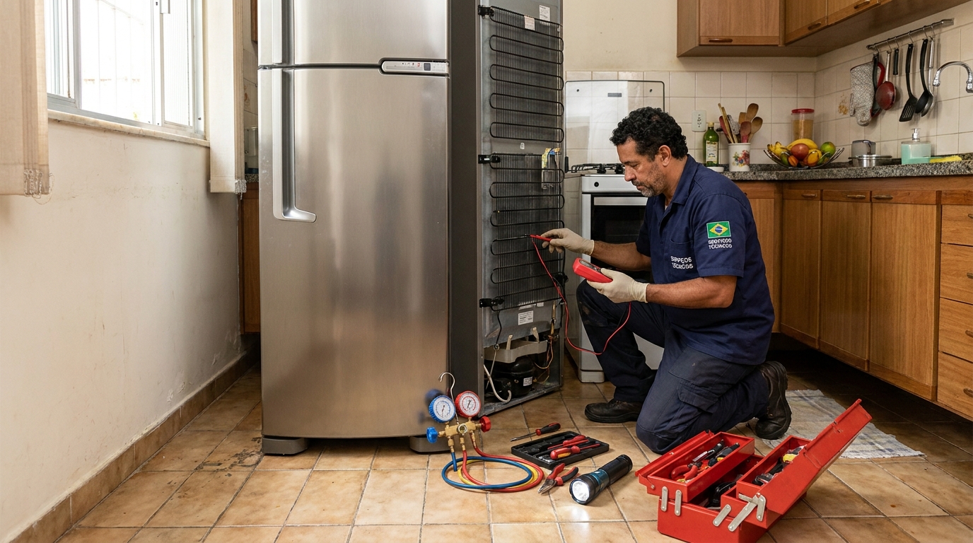 Técnico de geladeira avaliando em Ipatinga‑MG
